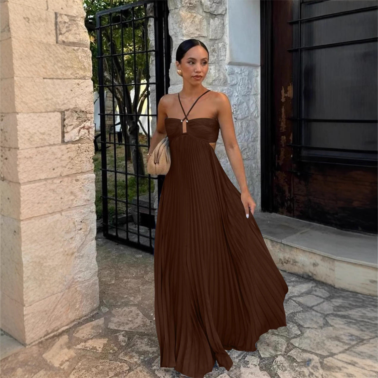 Robe sans manches à bretelles plissée en tube de couleur pure