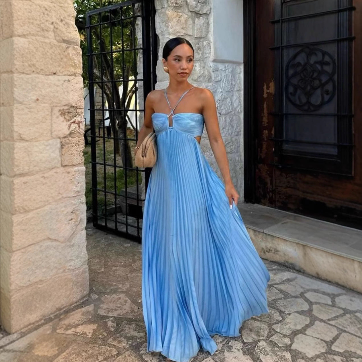 Robe sans manches à bretelles plissée en tube de couleur pure