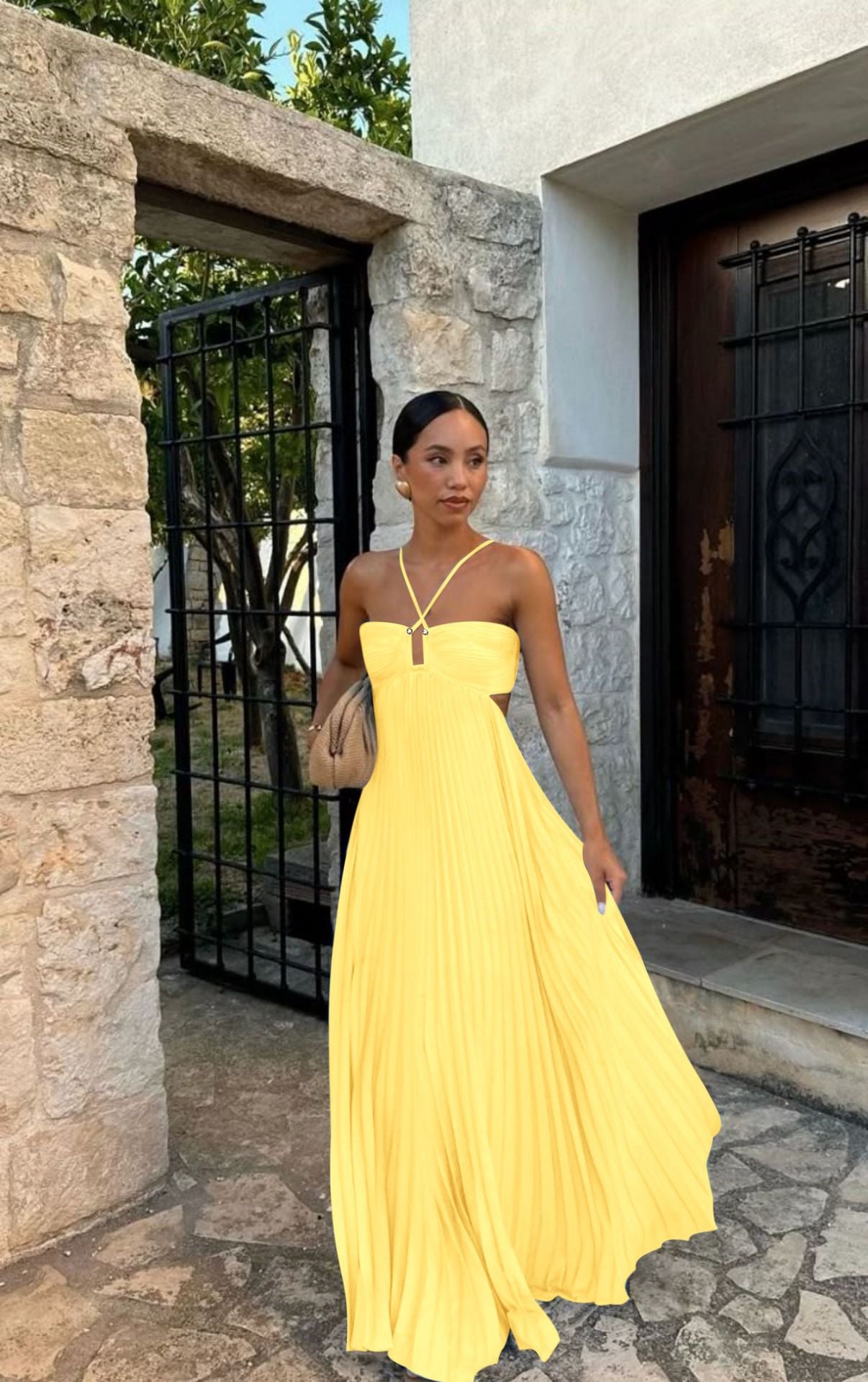 Robe sans manches à bretelles plissée en tube de couleur pure