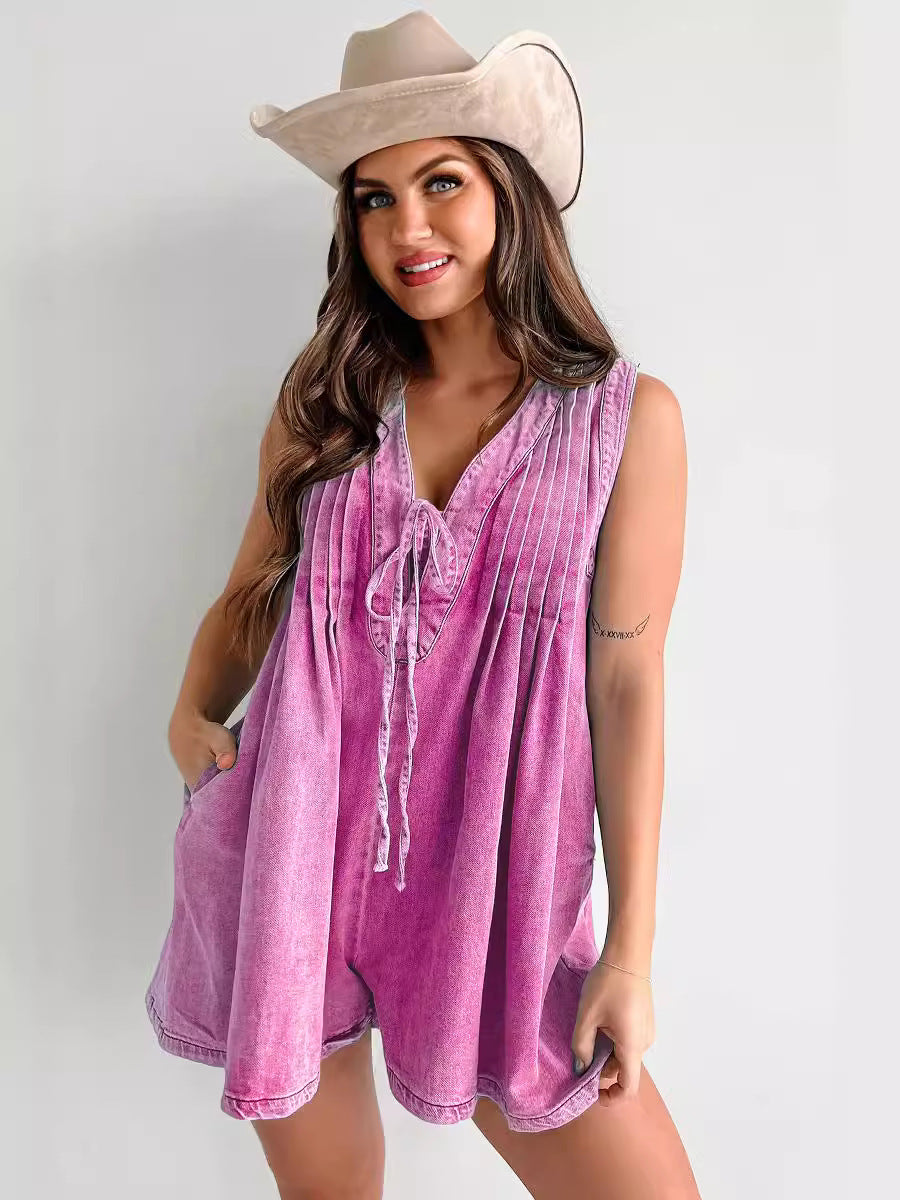 Combinaison Courte Denim à Col Noué