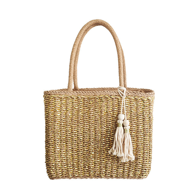 Sac Tressé à Main avec Anse en Rotin – Élégance Dorée
