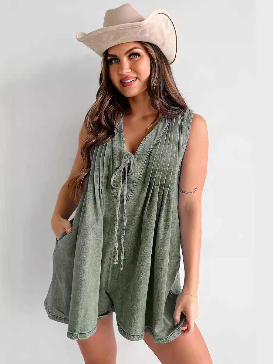 Combinaison Courte Denim à Col Noué
