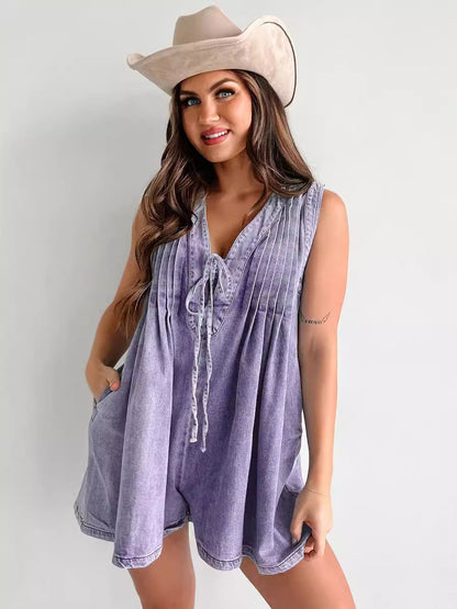 Combinaison Courte Denim à Col Noué