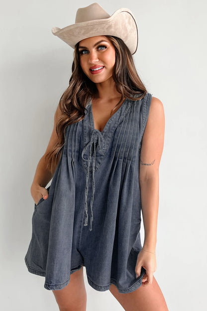 Combinaison Courte Denim à Col Noué