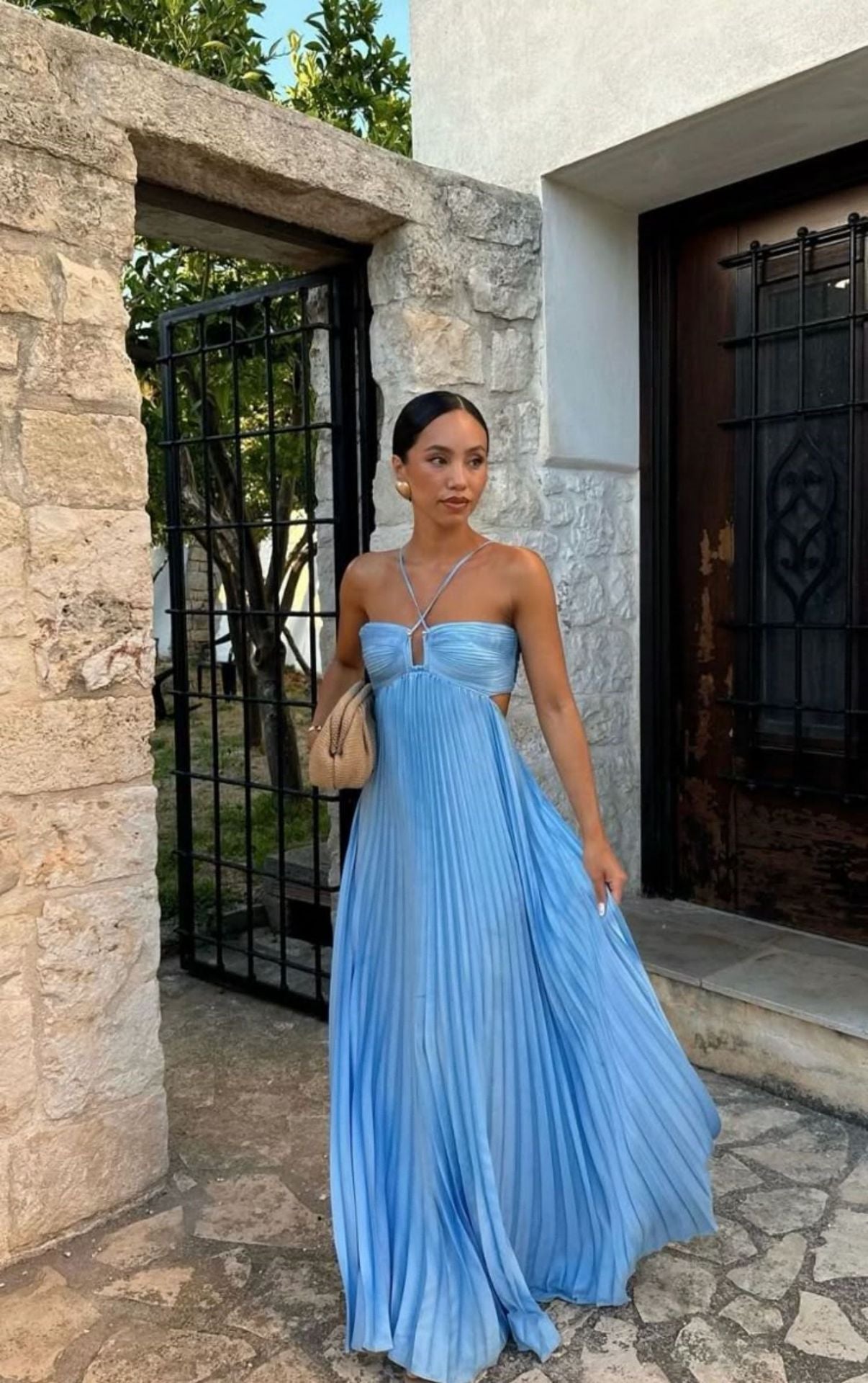Robe sans manches à bretelles plissée en tube de couleur pure