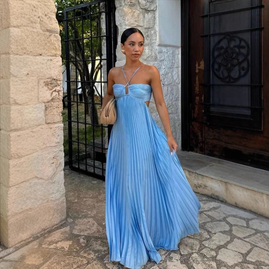 Robe sans manches à bretelles plissée en tube de couleur pure