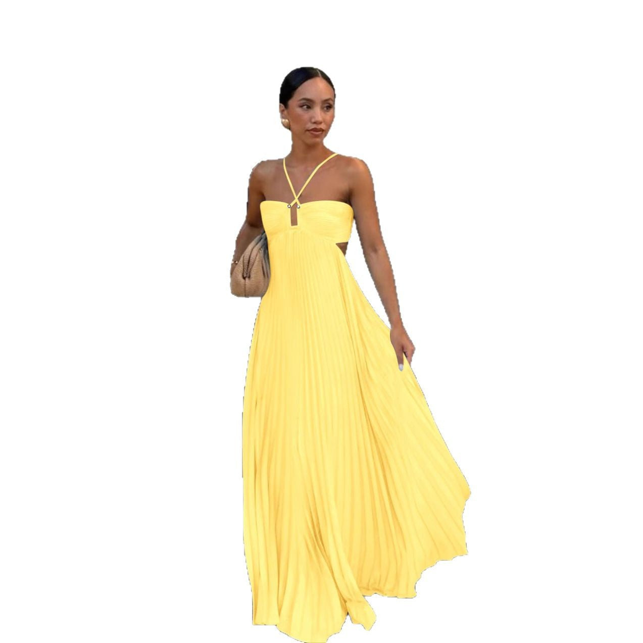 Robe sans manches à bretelles plissée en tube de couleur pure