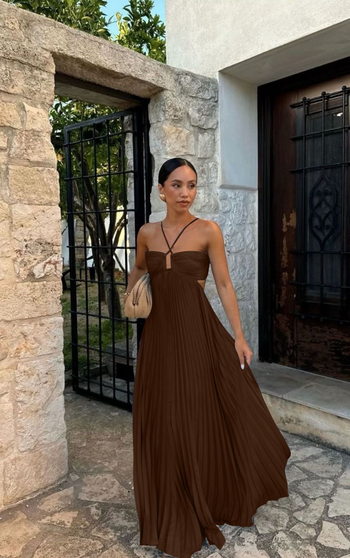 Robe sans manches à bretelles plissée en tube de couleur pure