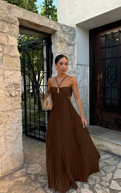 Robe sans manches à bretelles plissée en tube de couleur pure