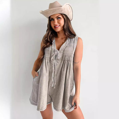 Combinaison Courte Denim à Col Noué