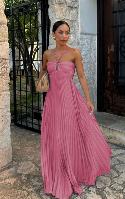 Robe sans manches à bretelles plissée en tube de couleur pure